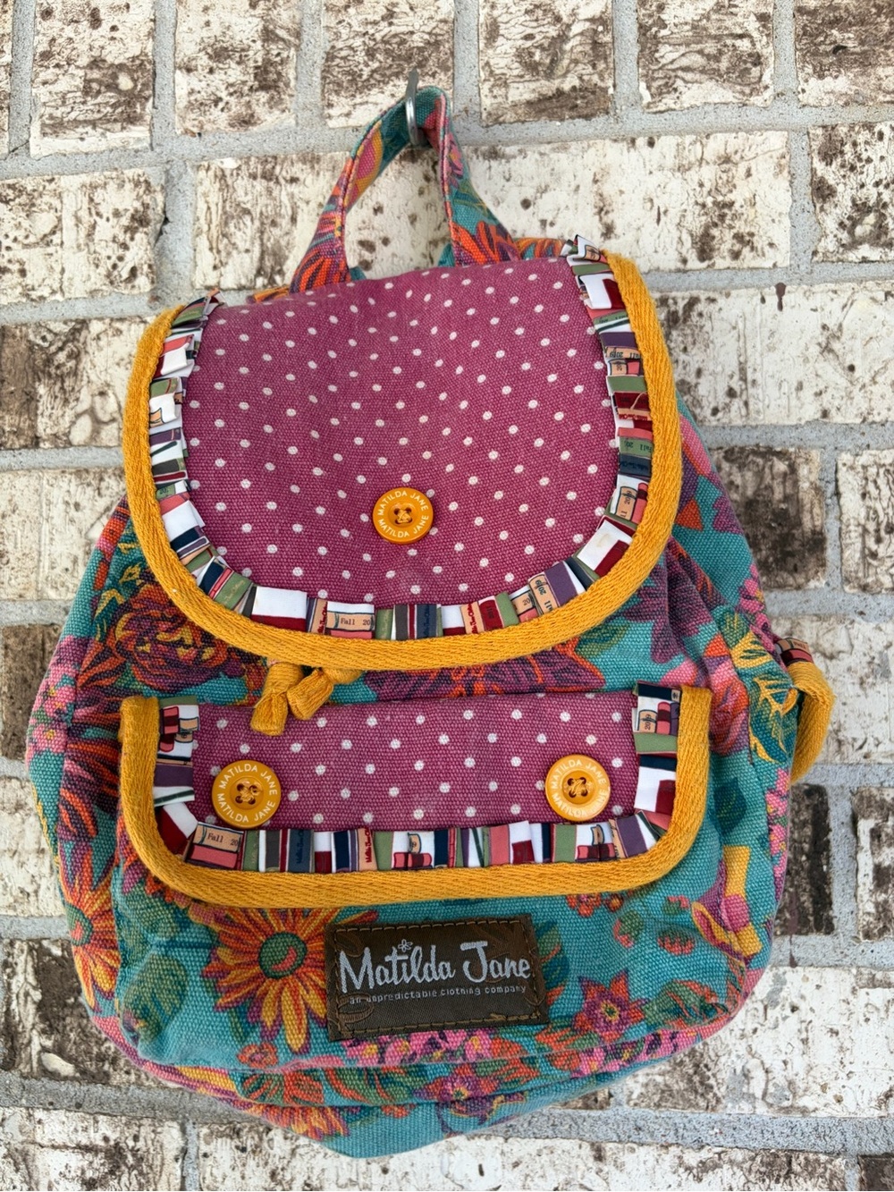 Matilda Jane Teal Floral & Pink Polka Kids Backpack with Mustard Trim